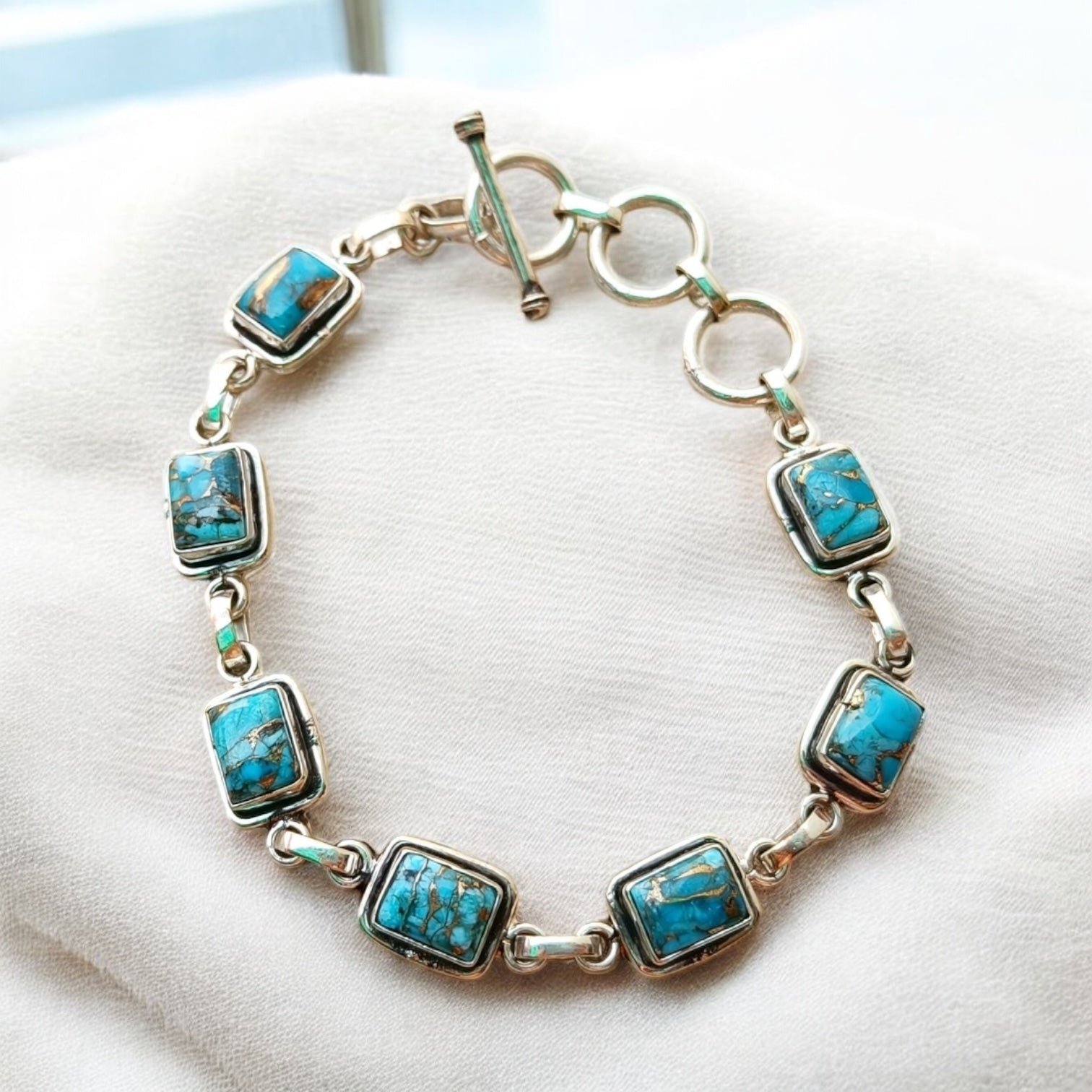 Kingman square Blue Copper Turquoise Solid 925 Sterling Silver Bracelet