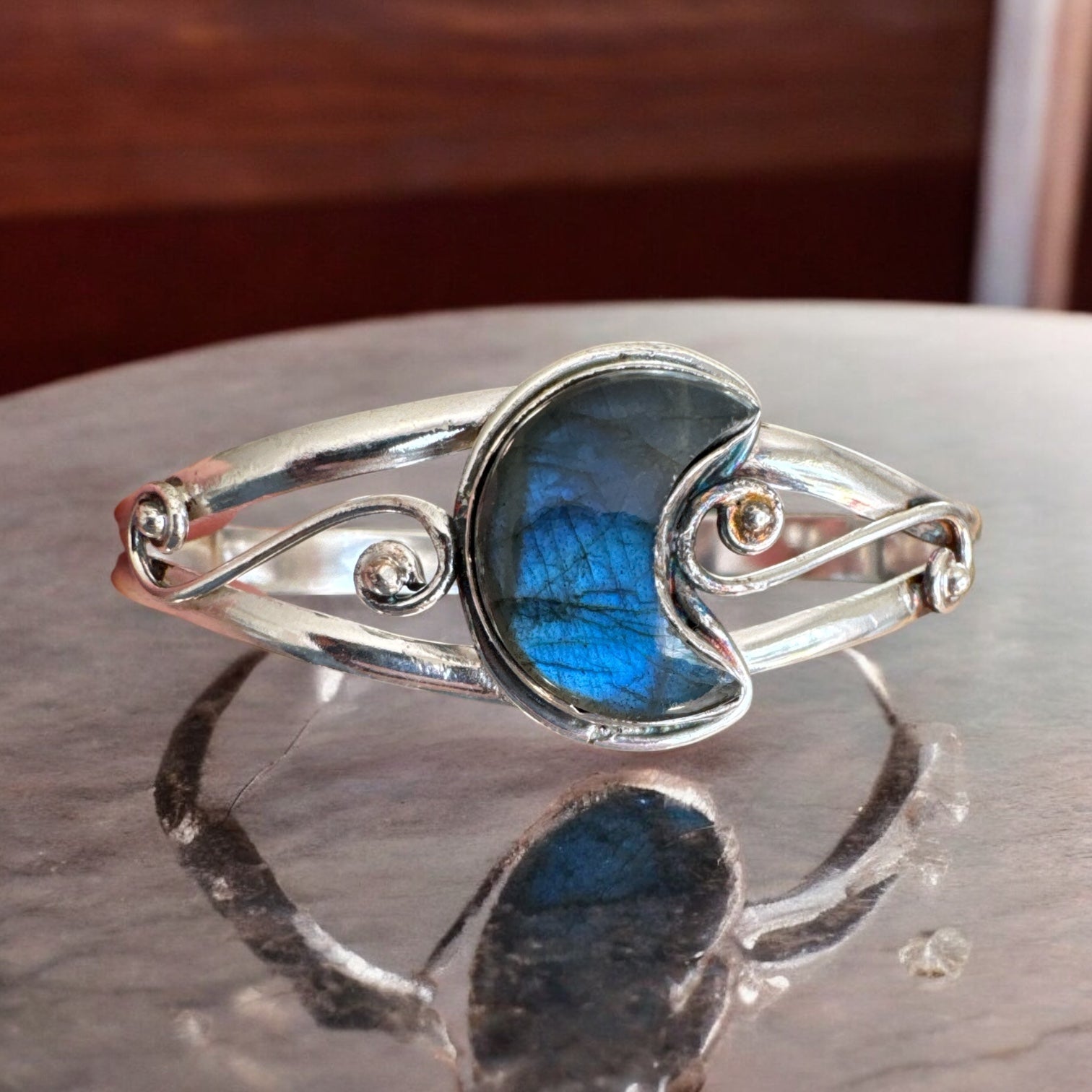 MOON Labradorite Solid 925 Sterling Silver Cuff Bracelet