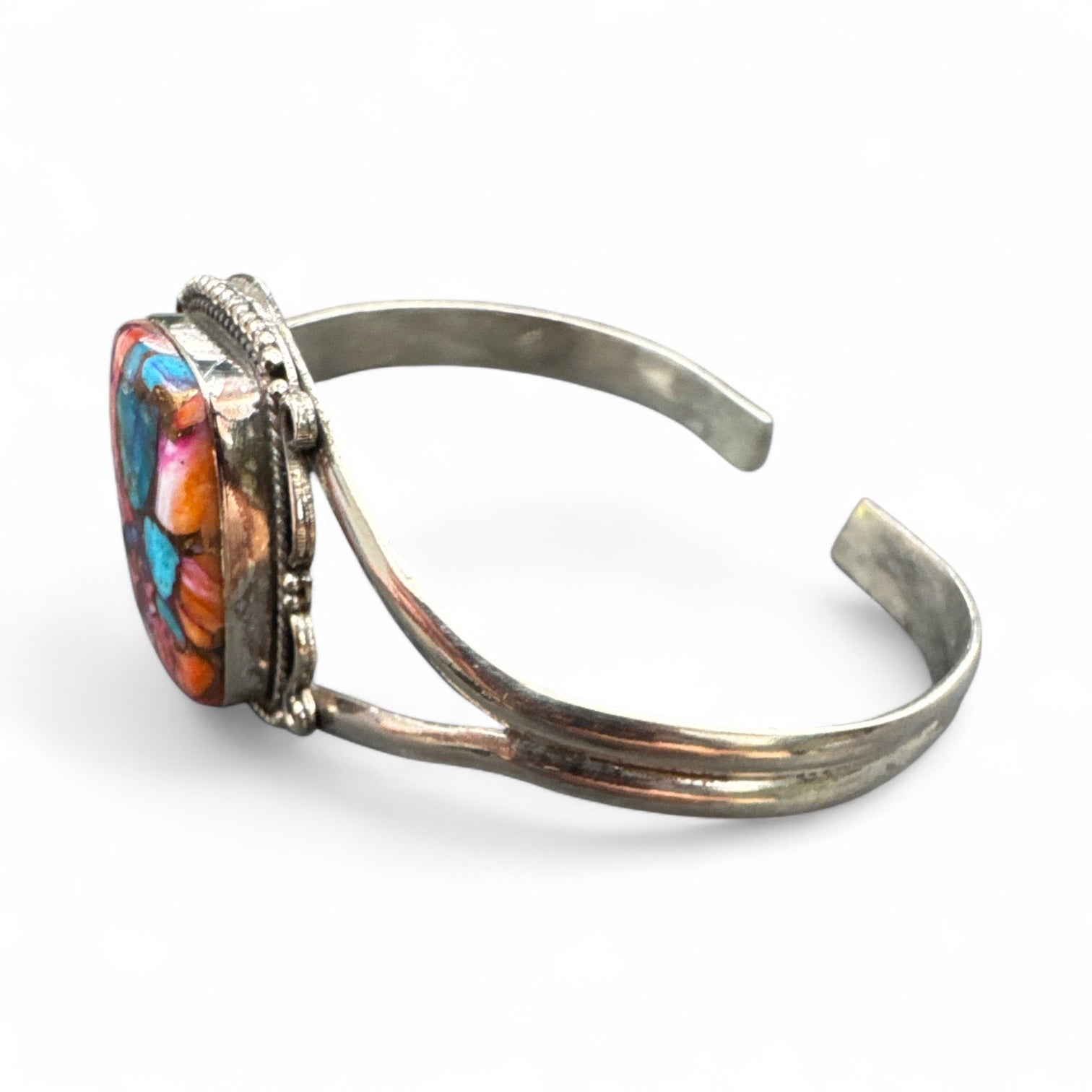 Kingman Pink Dahlia Solid 925 Sterling Silver Cuff Bracelet