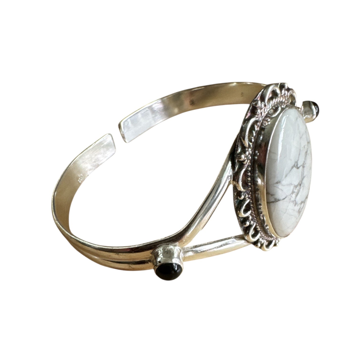 Howlite & Black Onyx Solid 925 Sterling Silver Cuff Bracelet