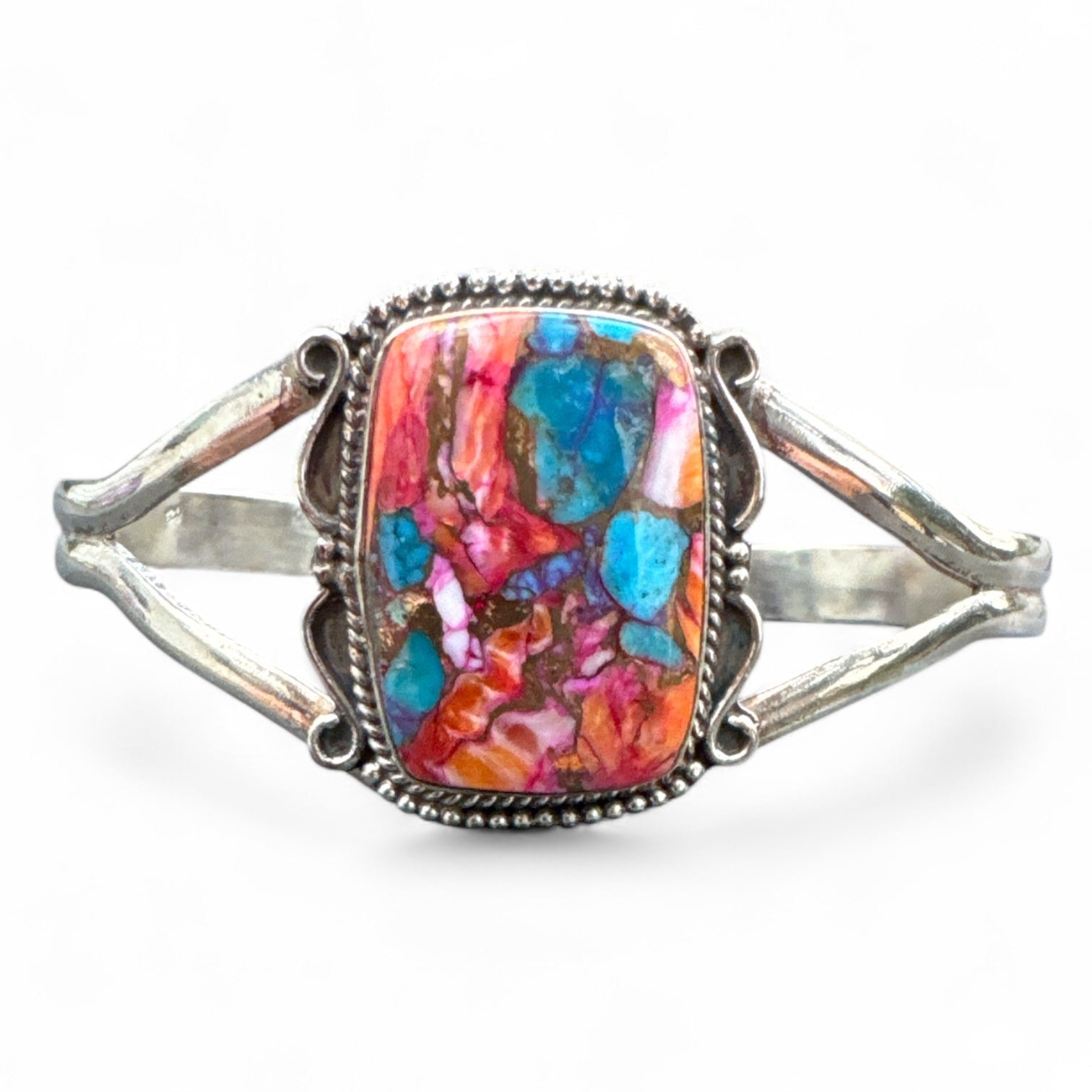 Kingman Pink Dahlia Solid 925 Sterling Silver Cuff Bracelet