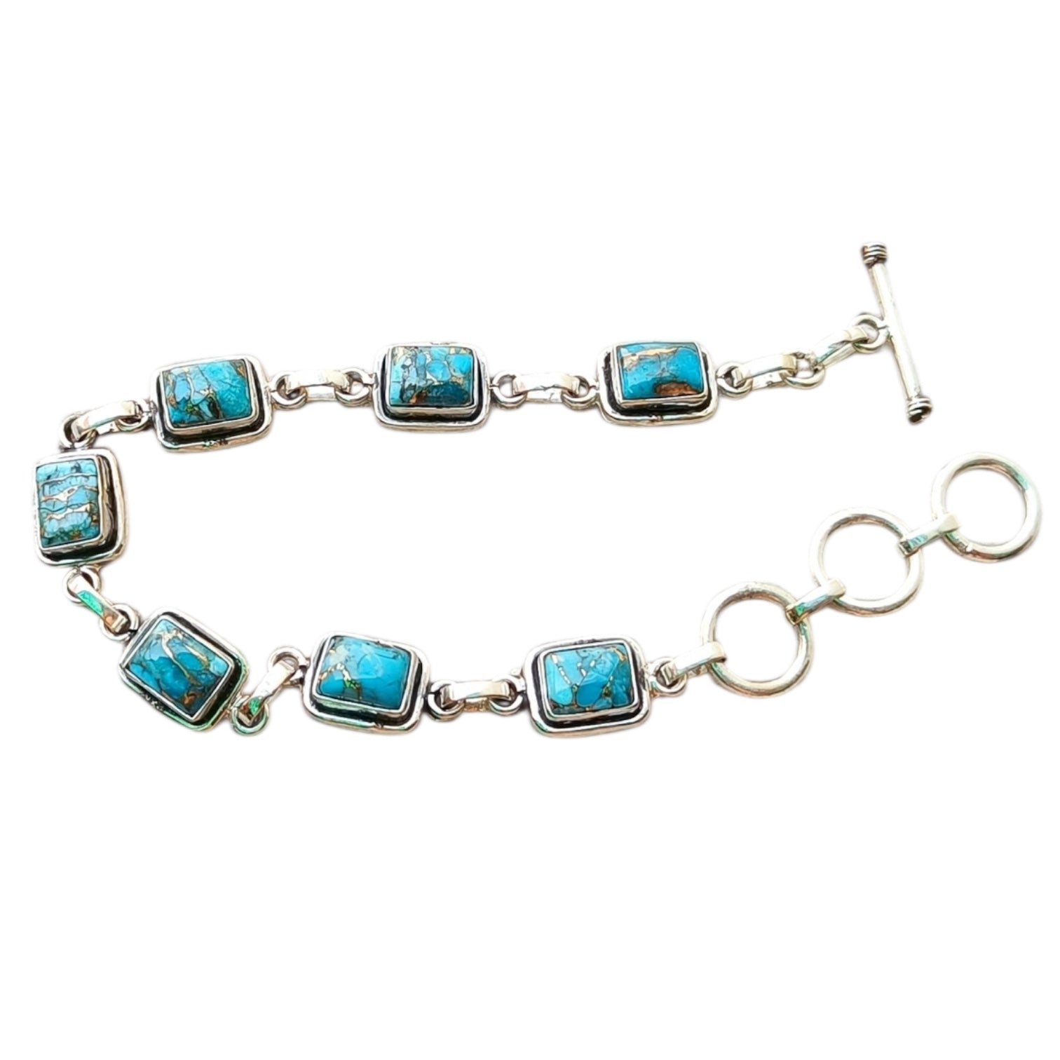 Kingman square Blue Copper Turquoise Solid 925 Sterling Silver Bracelet