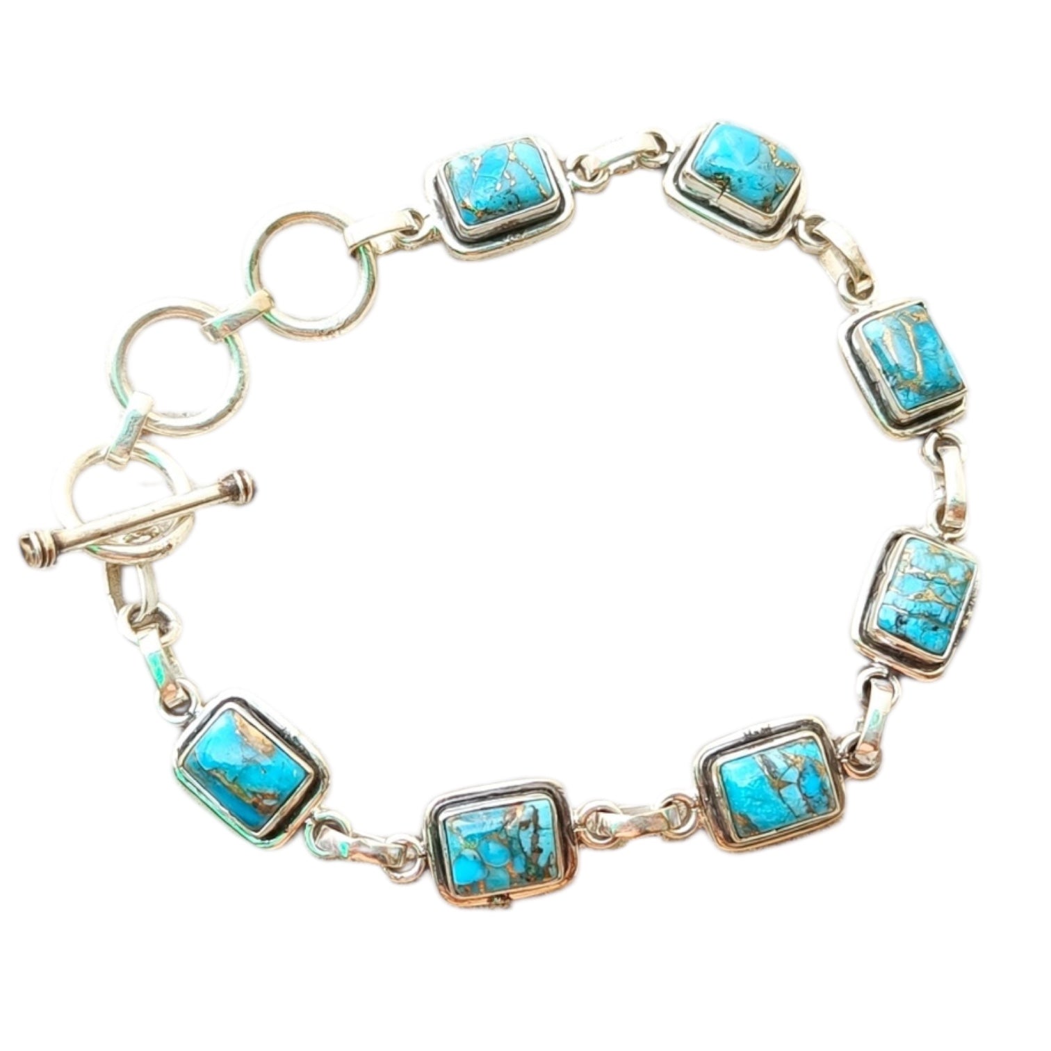 Kingman square Blue Copper Turquoise Solid 925 Sterling Silver Bracelet