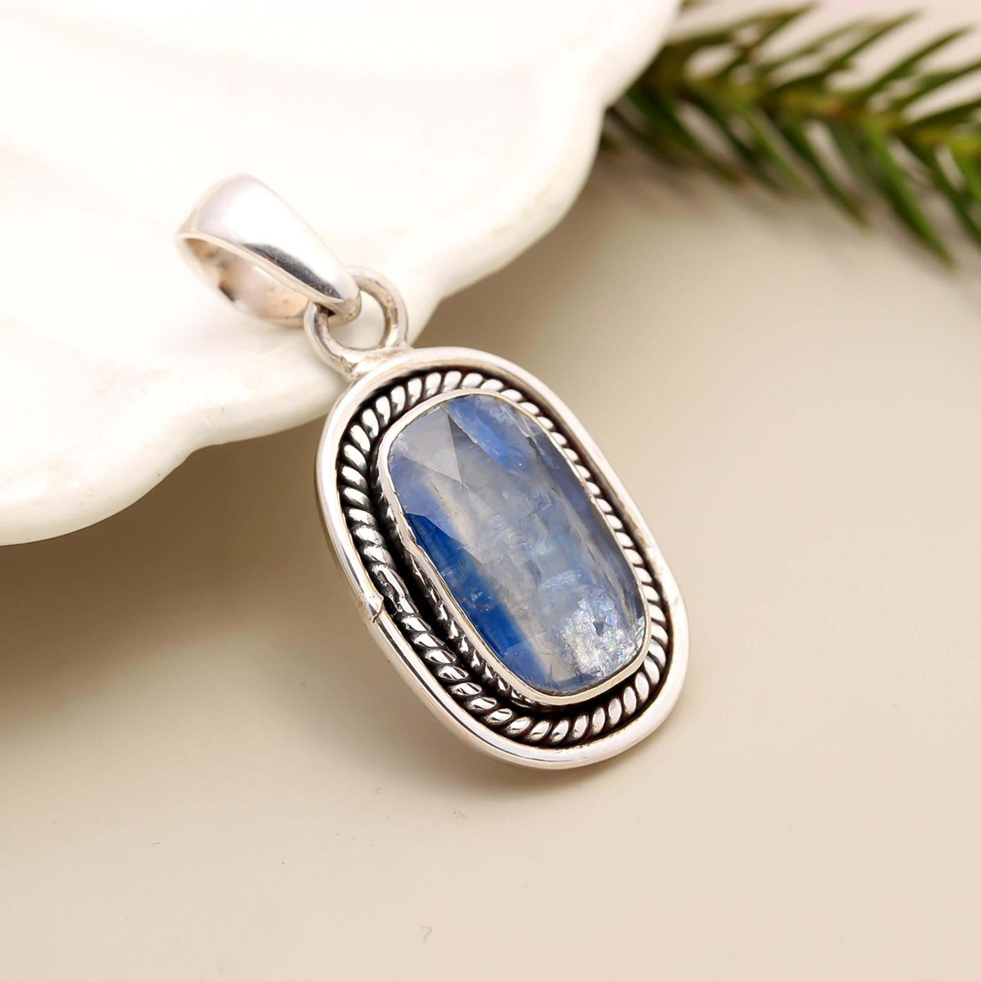Faceted Blue Kyanite Solid 925 Sterling Silver Pendant