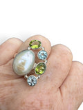 Pearl, Blue Topaz & Peridot Solid 925 Sterling Silver Ring 6