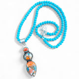 Kingman Turquoise & Spiny Oyster Solid 925 Sterling Silver Pendant Necklace