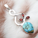 Kingman Turquoise w Pyrite & Garnet Solid 925 Sterling Silver Pendant