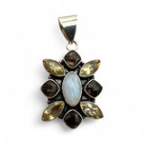 Citrine, Smoky Topaz & Rainbow Moonstone Solid 925 Sterling Silver Pendant