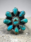 Flower Kingman Turquoise Solid 925 Sterling Silver Ring ADJ