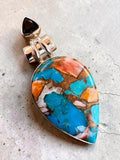 Kingman Turquoise & Spiny Oyster Solid 925 Sterling Silver Pendant