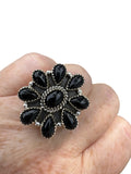 Flower Black Onyx Solid 925 Sterling Silver Ring ADJ