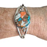 Kingman Turquoise & Spiny Oyster Solid 925 Sterling Silver Cuff Bracelet