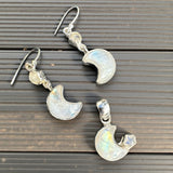 Rainbow Moonstone Crescent Moon & Stars Solid 925 Sterling Silver Pendant & Earrings Set