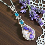 Kingman Violet Dahlia & Blue Topaz Solid 925 Sterling Silver Pendant