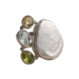 Baroque Pearl, Citrine, Blue Topaz & Peridot Solid 925 Sterling Silver Ring 7