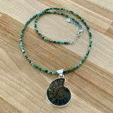 Ammonite Solid 925 Sterling Silver Pendant African Turquoise Beaded Necklace