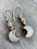 Rainbow Moonstone Moon/Star Solid 925 Sterling Silver Earrings