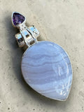 Blue Lace Agate & Amethyst Solid 925 Sterling Silver Pendant