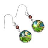 Blue & Green Turquoise & Garnet Solid 925 Sterling Silver Earrings