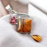 Cady Mountain Agate Tourmaline & Tiger Eye Solid 925 Sterling Silver Pendant
