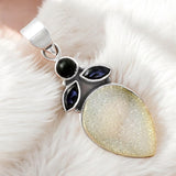 Snow Druzy Iolite & Onyx Solid 925 Sterling Silver Pendant