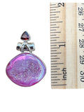 Pink Titanium Druzy & Garnet Solid 925 Sterling Silver Pendant