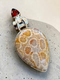 Flower Coral & Garnet Solid 925 Sterling Silver Pendant
