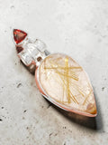 Gold Rutilated Quartz & Garnet Solid 925 Sterling Silver Pendant
