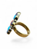 Kingman Turquoise and Sponge Coral Solid Brass Ring ADJ