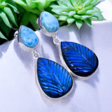 Hand-Carved Labradorite & Larimar Solid 925 Sterling Silver Earrings
