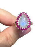 Rainbow Moonstone & Garnet Solid 925 Sterling Silver Ring 9