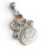 Baroque Pearl, Citrine, Herkimer Diamond & Blue Topaz Solid 925 Sterling Silver Pendant