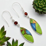 Kingman Blue Green Turquoise & Garnet Solid 925 Sterling Silver Earrings