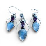 Rainbow Moonstone & Amethyst Solid 925 Sterling Silver Pendant & Earrings Set