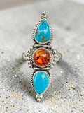 Baltic Amber & Kingman Turquoise Solid 925 Sterling Silver Ring 7