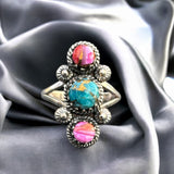 Pink Dahlia & Turquoise Solid 925 Sterling Silver Ring 9.5