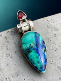 Blue Bird Azurite & Garnet Solid 925 Sterling Silver Pendant