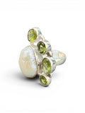 Pearl & Peridot Solid 925 Sterling Silver Statement Ring Size 8