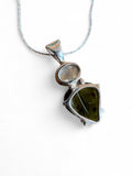 Carved Moldavite & Rainbow Moonstone Solid 925 Sterling Silver Pendant with chain