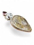 Gold Rutilated Quartz & Garnet Solid 925 Sterling Silver Pendant