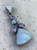 Rainbow Moonstone, Blue Topaz & Amethyst Solid 925 Sterling Silver Pendant
