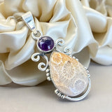 Amethyst & Fossil Coral Solid 925 Sterling Silver Pendant