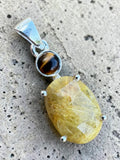 Gold Rutilated Quartz & Tiger Eye Solid 925 Sterling Silver Pendant