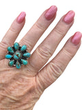 Flower Kingman Turquoise Solid 925 Sterling Silver Ring ADJ