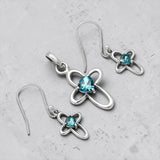 Blue Topaz Cross Solid 925 Sterling Silver Pendant Earrings Set