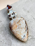 Petrified Wood & Garnet Solid 925 Sterling Silver Pendant