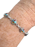 Inlaid Turquoise, Coral, Oyster, Onyx, Malachite Solid 925 Sterling Silver Bracelet