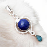 Blue Lapis & Neon Blue Apatite Solid 925 Sterling Silver Pendant