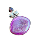 Pink Titanium Druzy & Garnet Solid 925 Sterling Silver Pendant