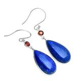 Blue Lapis & Garnet Solid 925 Sterling Silver Earrings